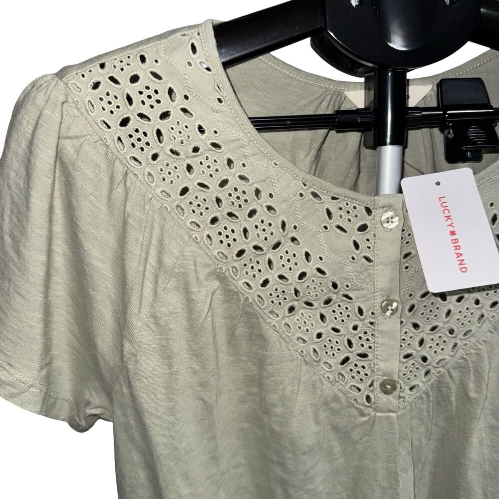 NWT Lucky Brand Top Medium Blouse Green Cotton Lace Short Sleeve Peasant Boho - Picture 2 of 14